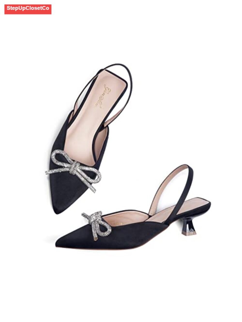 Rhinestone Bow Slingback Kitten Heels Pointed Toe Pumps Wedding Dress Shoes